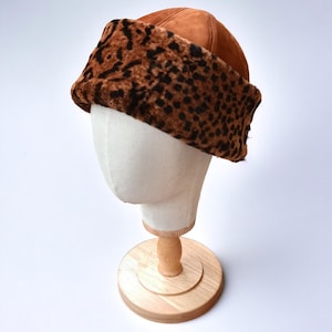 Shearling Leopard Winter Hat for Women-Genuine Fur&Suede Leather-Warm Fur,Beanie for Women-Luxury Cozy Gift