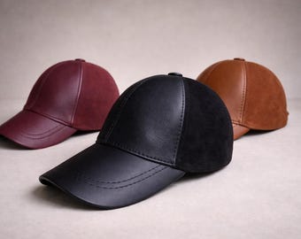 Two-Tone Leather Baseball Cap-Genuine Suede Back, Adjustable Dad Hat
