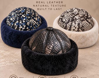 Genuine Leather Shearling Hat, Winter Beanie, Russian Style