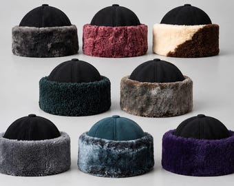 Winter Hat Beanie  Genuine Suede Leather  with Genuine Shearling