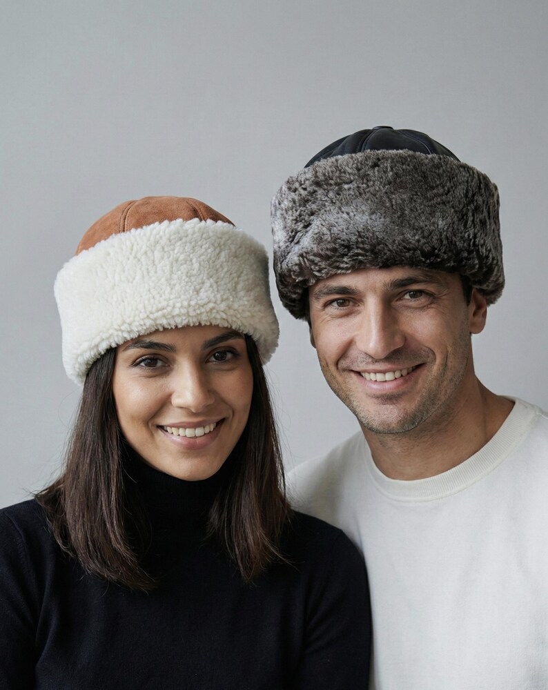 Shearling Hat-Real Fur,Suede Winter Beanie, Unisex image 8