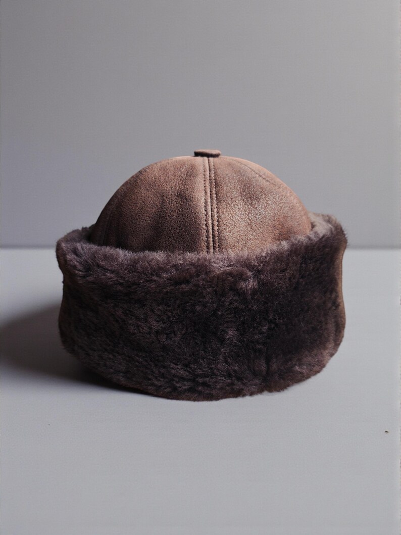 Shearling Hat-Real Fur,Suede Winter Beanie, Unisex Dark Brown