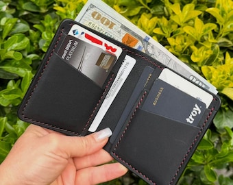 Leather Slim Bifold Wallet, Full Grain Leather Hand-Stitched Front Pocket,Engraved