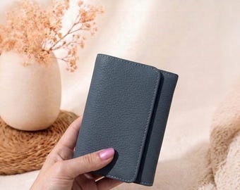 Leather Women Trifold Small Wallet,Minimalist Personalized Vertical   Card Holder, Gift for Her