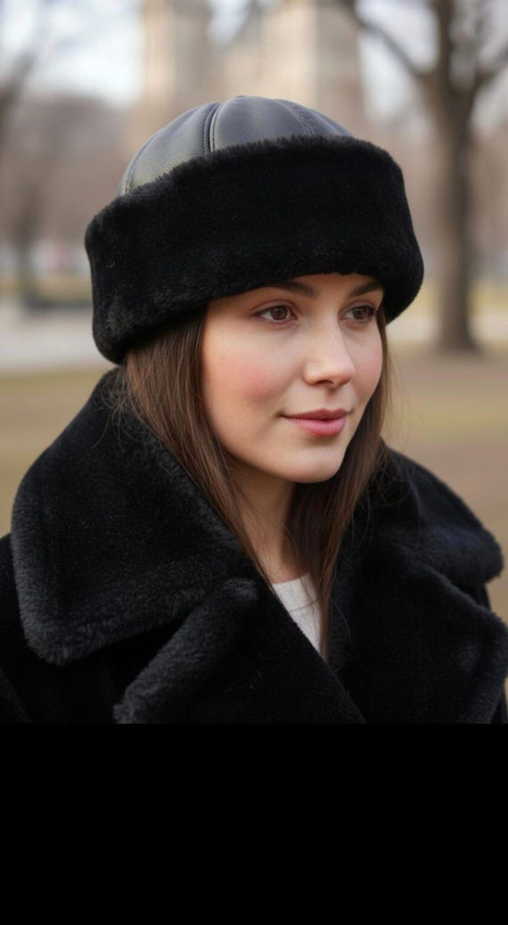 Black Shearling Leather Hat Faux Fur Trim Russian Style Winter Hat One Size BLACK FAUX LEATHER & FUR TRIM RUSSIAN HAT WITH QUILTED  main image 2