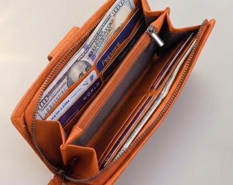 Leather Wallet Women, Large Purse with Card, Zip Coin and Phone Holder