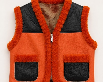 Genuine Leather Baby Winter Vest, Soft Shearling Trim, 6-12 Months