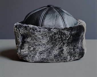 Black Shearling Lined Genuine Leather Winter Hat for Men  display picture 1