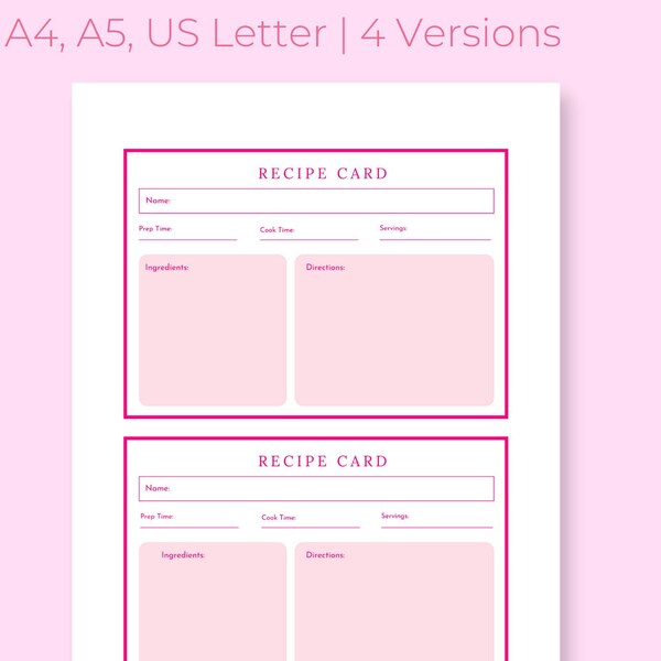 Pink Recipe Card Printable Planner, Kitchen Organization Recipe Cards Template Printables, Foodie Gift DIY Recipe Cards Kitchen Decor
