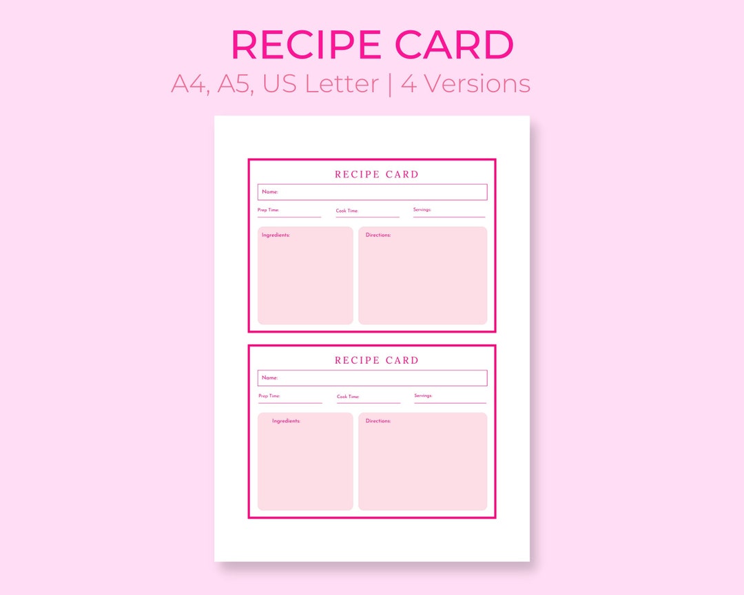 Pink Recipe Card Printable Planner, Kitchen Organization Recipe Cards