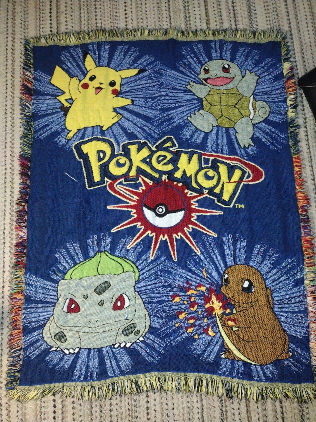 Vintage Pokemon Tapestry Woven Blanket Fringe Throw 90s Nintendo 45 X
