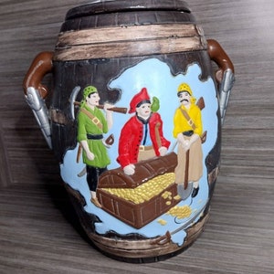 Vintage 70s Pirate Ceramic Barrel Cookie Jar Canister Dog Treats Retro Decor