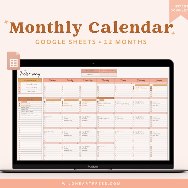 Google Sheets Monthly Calendar, Monthly Planner Spreadsheet, 2024 Planner, Task Tracker, Calendar 2024, Google Sheets Template, Productivity