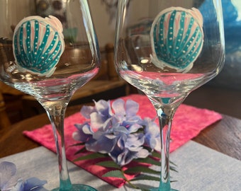 Turquoise shell hand painted wine glasses. Set of 2.