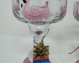 Margaritas Glasses hand painted Flamingo with sunglasses.