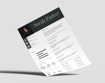 Könnte beinhalten: Ein Lebenslauf mit dem Titel "Sarah Parker Graphic Designer" mit Foto, Kontaktdaten, Fähigkeiten und Berufserfahrung. Der Lebenslauf ist weiß mit dunkelgrünen Akzenten und schwarzem Text.