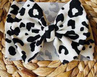 White leopard print head wrap for NB, 0-6 or 6-12  - nylon band or alligator clips big hair bows baby bows, girls stretchy fabric bows