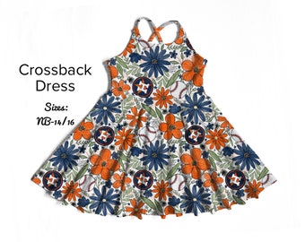 Houston baseball cross back strap dress knee length - boutique style - custom ordered fabric - Texas - Baby toddler