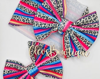 Colorful Cheetah Head wrap for NB, 0-6 or 6-12  - big hair bows, bullet fabric, unwashed, baby bows, girls hair bows, stretchy fabric bows