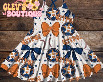 Houston baseball dress - baby girls toddler teen clothing - Texas made - floral - handmade - boutique clothes - sports fan