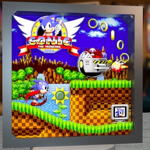Può includere: Una scatola espositiva quadrata con una scena 3D a strati tratta dal videogioco Sonic the Hedgehog. L'opera include Sonic, il Dr. Eggman nel suo veicolo, anelli dorati, un girasole e il logo Sonic the Hedgehog Sega in una cornice argentata.