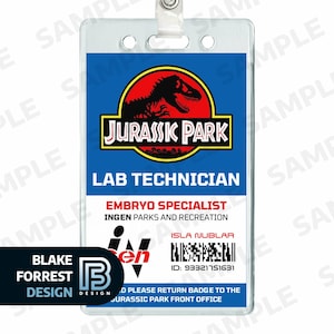 May include: A clear plastic Jurassic Park ID badge with a lanyard. The badge features the Jurassic Park logo, text that reads "LAB TECHNICIAN," and "EMBRYO SPECIALIST." The badge also includes the Ingen logo and a barcode with the ID number 93321751631.