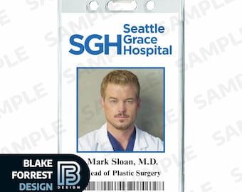 May include: Clear plastic ID badge featuring a photo of a man in a white coat. The badge includes the text "Seattle Grace Hospital" and "Mark Sloan, M.D., Head of Plastic Surgery." The bottom left corner has the text "BLAKE FORREST DESIGN."