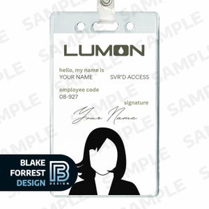 May include: Clear plastic employee ID badge with the Lumon logo and text. The badge includes the text "hello, my name is YOUR NAME", "employee code 08-927", and "SVR'D ACCESS". A black and white silhouette of a person is at the bottom.
