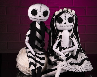 Creepy cute art unique weird gothic textile skull dolls, set of two Muertos dolls