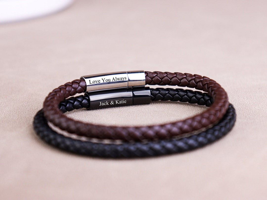 Men's Personalised Leather Bracelet With Matt Black Clasp Etsy UK