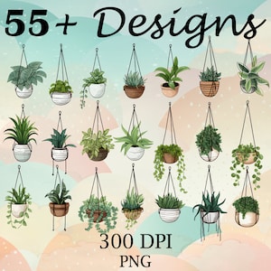Imágenes prediseñadas de plantas colgantes / Imágenes prediseñadas de plantas en macetas / Imágenes prediseñadas de plantas / Más de 55 diseños / Más de 300 DPI / Archivos PNG / Fondo transparente