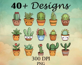 Chibi Cactus clipart | Cute Cactus clipart | Kawaii Cactus clipart | 40+ Designs | 300 DPI | PNG Files | Transparent Background