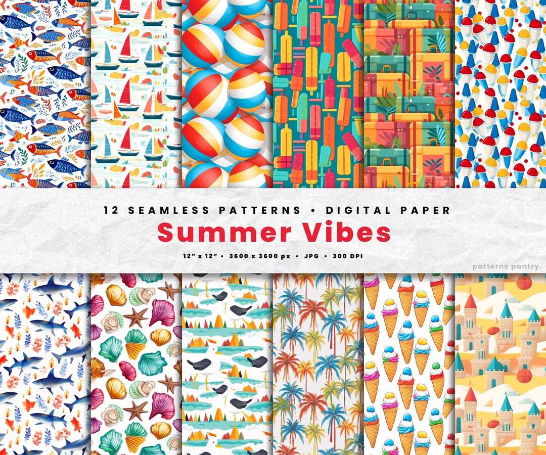 Summer Vibes Seamless Patterns Instant Download Beach Digital Paper 