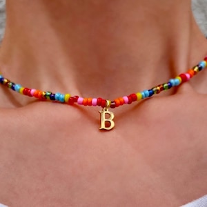 Colorful Seed Bead Necklace: Custom Gold Initial Charm, Handmade Boho Jewelry