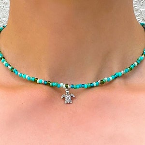 Good Luck Sea Turtle charm necklace, Handmade, Boho bead jewelry, Boho charm necklace, Charms, Bead jewelry, Choker, Summer jewelry, gift