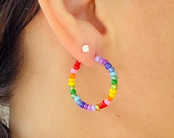 Rainbow Colored Bead Hoop Earrings, Colorful Seed Bead hoop earrings , Handmade, Boho Seed Bead earrings, Pride jewelry, LGBTQ+, Men, Women