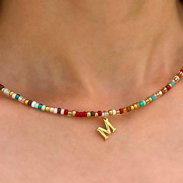 Custom Initial bead necklace, Handmade, Bohemian bead jewelry, Seed bead jewelry, Fall jewelry, Gold Initial, Friend Gift