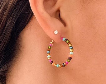 Colorful beaded hoop earrings, statement earrings, seed bead hoops, multicolored hoop earrings, boho earrings, minimalist, gift for friend