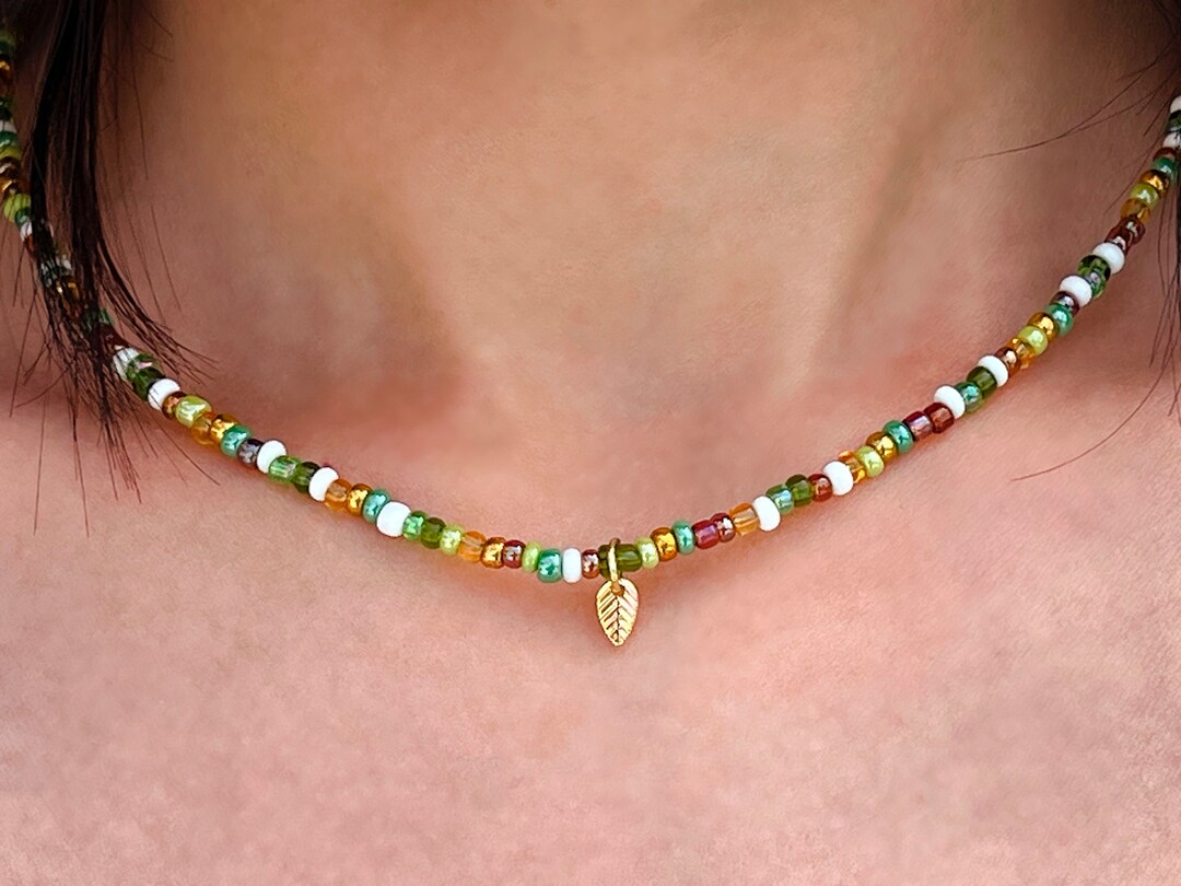 Dainty Seed Bead Gold Charm Necklace Handmade, Custom Gold Initial