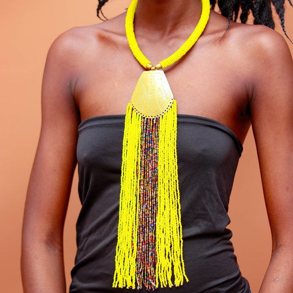 African Maasai Handmade Beaded Necklace,Ethnic Necklace,African Necklace,Yellow and Multi-Color Necklace,One Size Fits All, Ethnic Jewellery