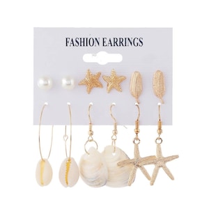 6 Pieces Beach Earring Set, Earring Gift Set ,Seashell Stud Earrings ,Shell Earrings ,Beach Stud Earrings ,Cowrie shell hoop earrings