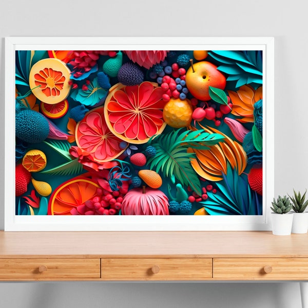 Printable Kitchen art exclusive fruits, arte exclusivo de frutas para cocina, paper fruits art, arte frutas de papel, colorful design