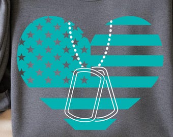 Teal Herz und Hundemarken (Digitaler Download), Hundemarke SVG, veteran Awareness, svg, png und jpg