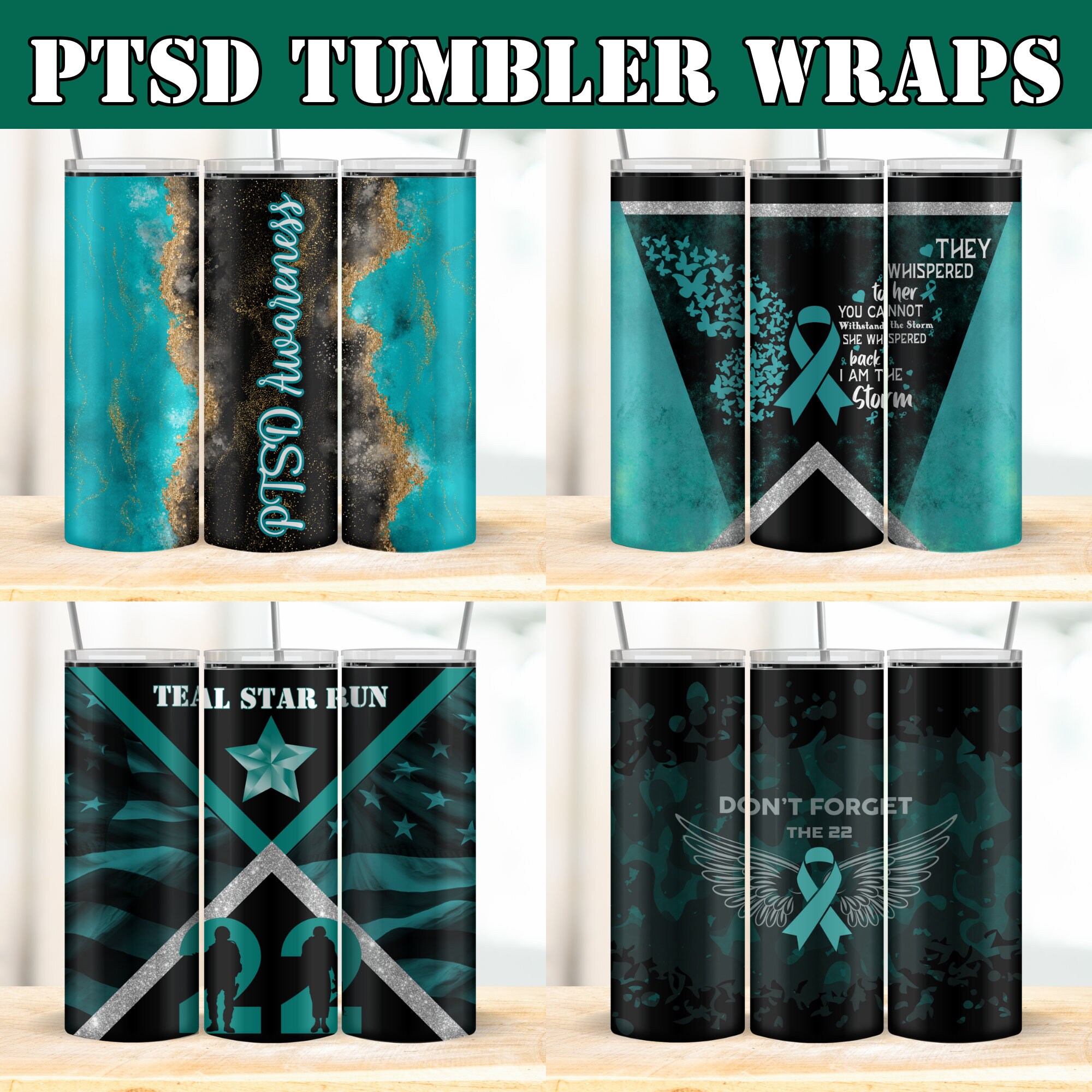 Set of 12 Teal PTSD Awareness Tumbler Wraps, Teal Ribbon, Military ...