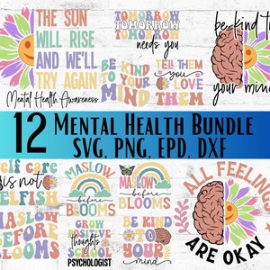 Lot de 12 SVG rétro sur la santé mentale, PNG, EPS, pdf, dxf, Self Love Club, gentillesse, positivité, bonnes vignes, anxiété SVGs, groovy, texte ondulant
