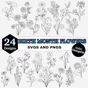 Birth Month Flowers SVG, 24 Birth Month Flower Designs, Birth Flower, Birth Month, Flower SVG Bundle, Floral SVG, Wildflowers, Birthday SVGs