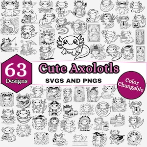 63 süßes Axolotl SVG Bundle | Kawaii Axolotl Clipart | Cartoon Axolotl Cricut-Dateien | PNG & SVG Digital Download
