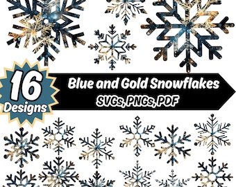 Blau und Gold Schneeflocke Bündel SVG, PNG, PDF | 16 Elegante Schneeflocken | Snowflake svg, Ornament svg, Stencil, Clipart, Weihnachten & Winter svg
