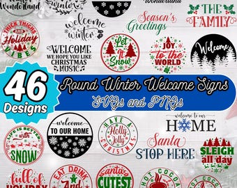 46 Runden Weihnachten & Winter Willkommensschild SVG, PNG Bundle | Türschild, Ornament SVG, Veranda-Schild, Winterszene und Willkommensschild-Designs