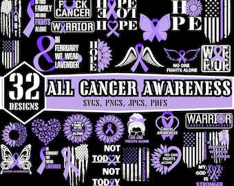 Cancer Awareness SVG, Bündel von 32, Lavendel ist All Cancers Awareness, Lavendel im Februar, Scheiß auf Krebs, Niemand kämpft allein, nicht heute